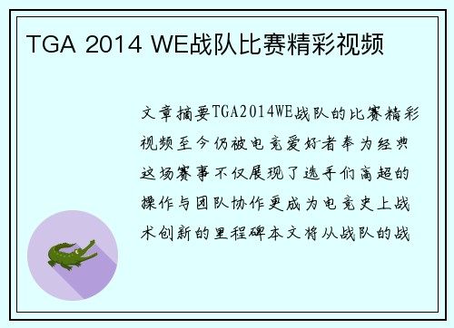 TGA 2014 WE战队比赛精彩视频